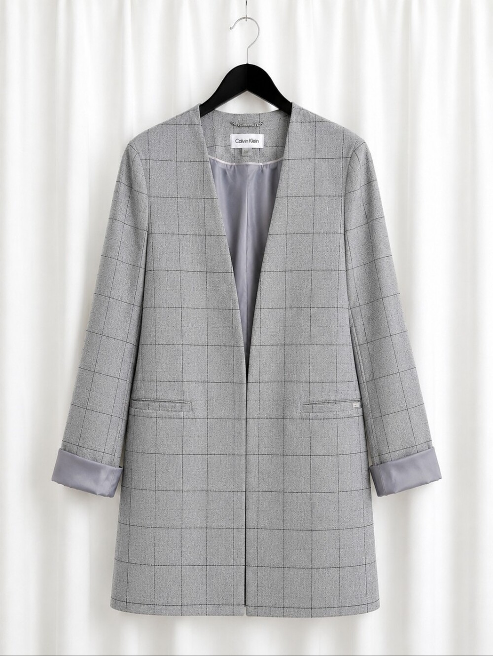 Calvin Klein Gray Windowpane Collarless Open Front Longline Chic Topper Jacket